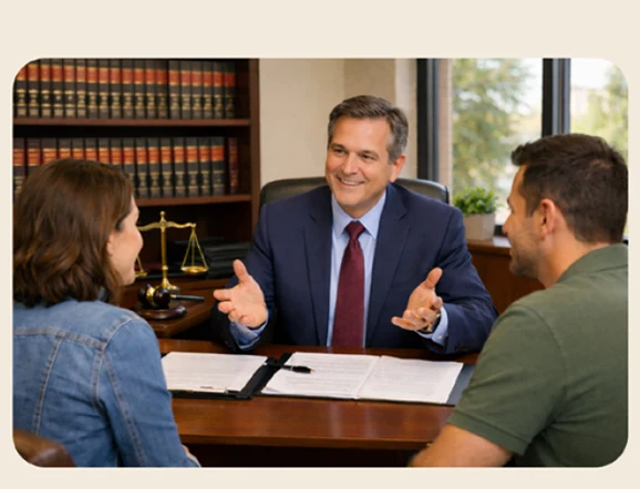 Estate attorney meeting with two clients in an office